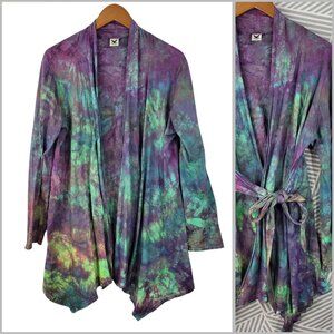 Tie Dye Cardigan Sweater Jacket Belt Large XL Rainbow Purple Jacket Assymetric